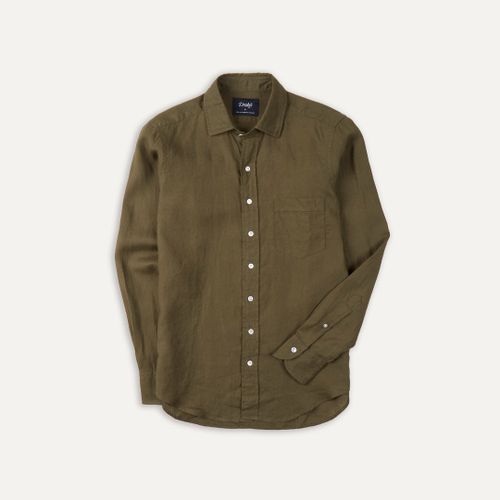 Khaki Green Linen Spread Collar Shirt