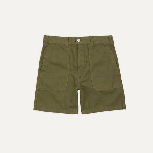 Olive Herringbone Cotton Linen Fatigue Shorts