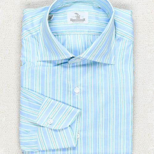 The Armoury Carlo Riva Blue with Green Stripe Poplin Cotton Spread Collar Shirt (NOS)