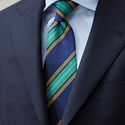 Drake's Navy with Green/Light Blue/Yellow Stripe Herringbone Silk Tie (NOS)