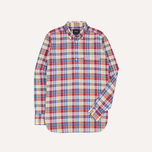 Red and Yellow Madras Check Cotton Button-Down Popover Shirt