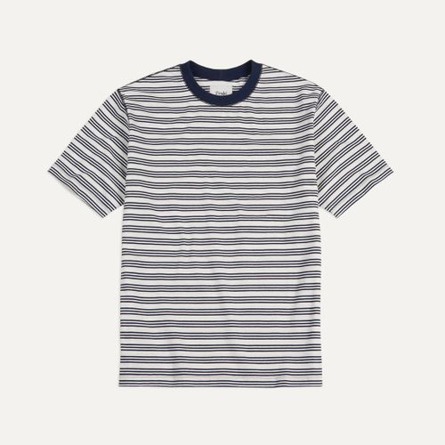 Ecru and Navy Triple Stripe Cotton Crew Neck Hiking T-Shirt