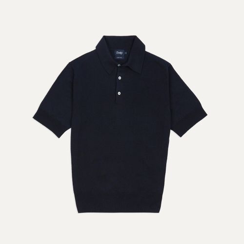 Navy Knitted Linen-Cotton Short-Sleeve Polo Shirt